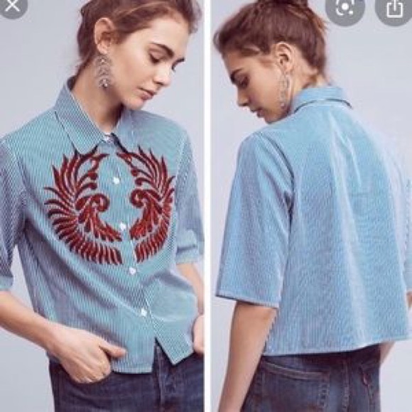 Anthropologie Hemant & Nandita Blue Stripe Button Down Shirt - Picture 2 of 6
